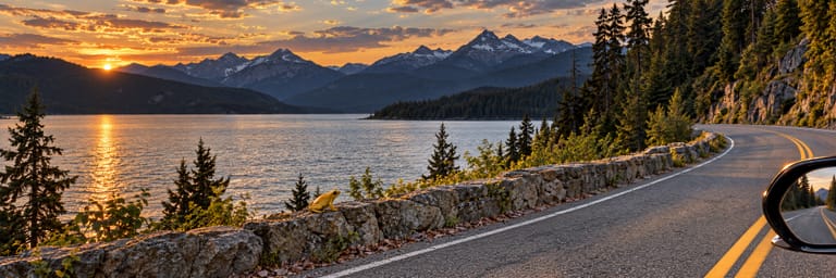 A winding mountain road beside a lake at sunset